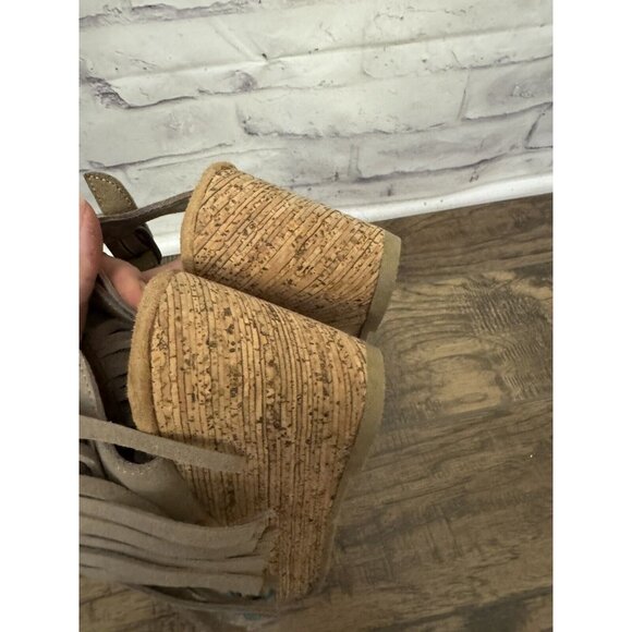 Minnetonka Poppy Size 9 Tan Aqua Blue Wedge Sandal Fringe Comfort 71327 - Picture 4 of 12